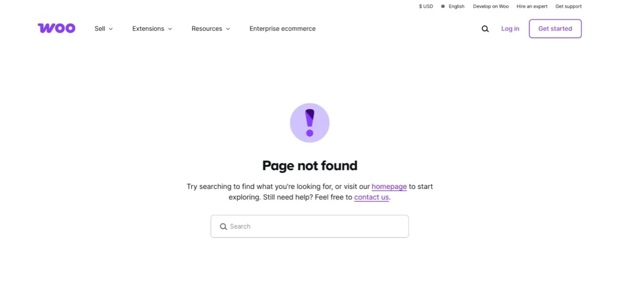 WooCommerce 404 page with the "page not found" text and a search bar