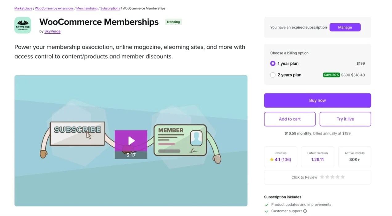 WooCommerce Memberships extension page