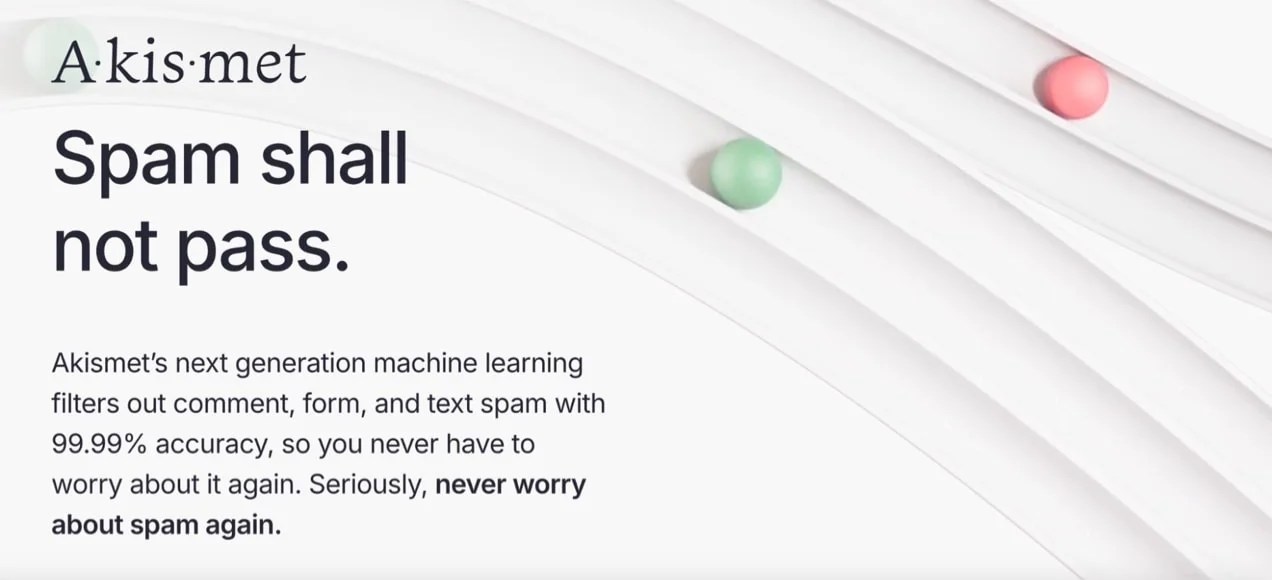 Akismet homepage with the text "spam shall not pass"