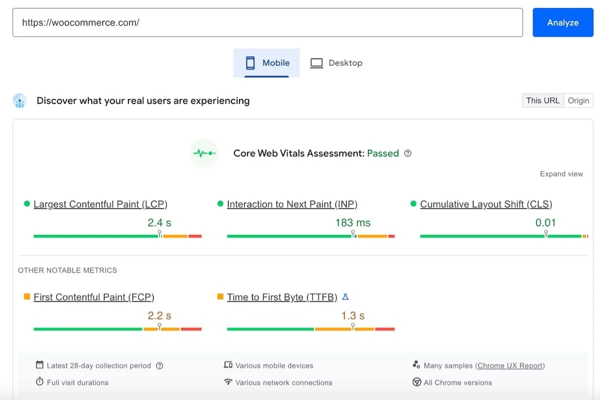 Google PageSpeed test results
