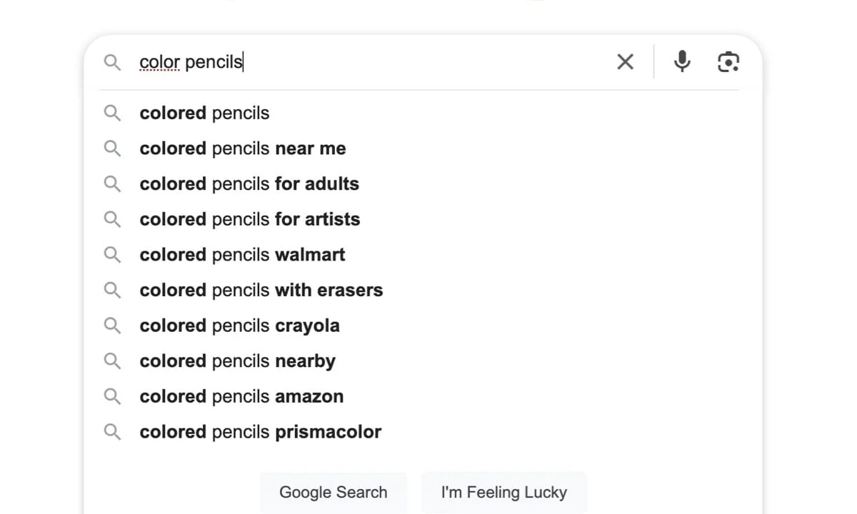 Google recommendations for "colored pencils"