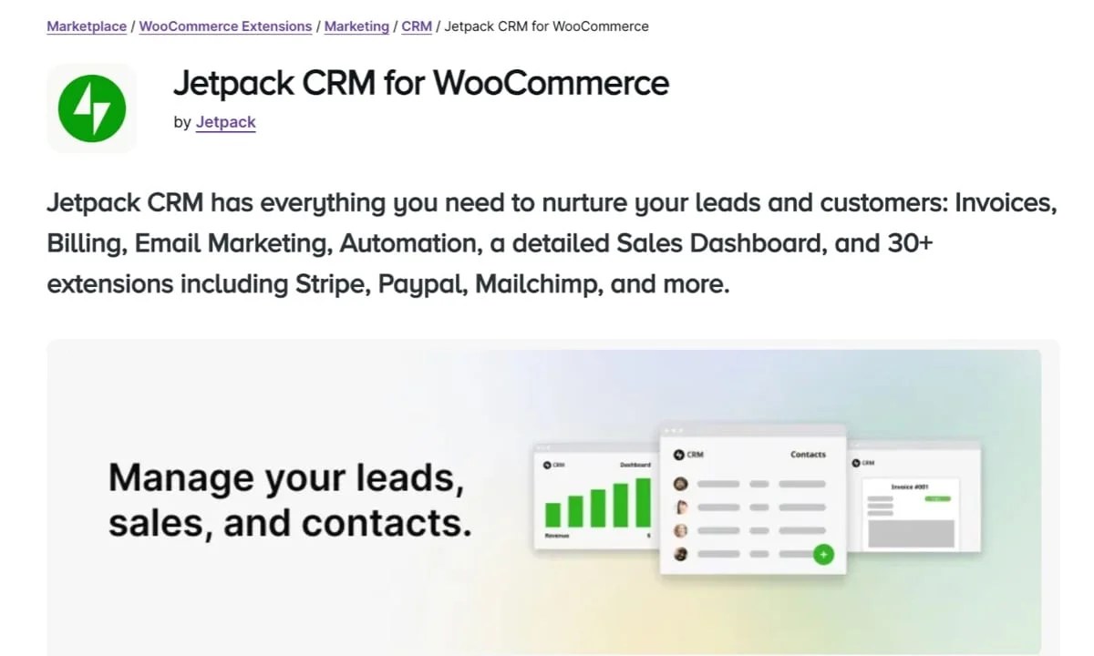 Jetpack CRM for WooCommerce extension page