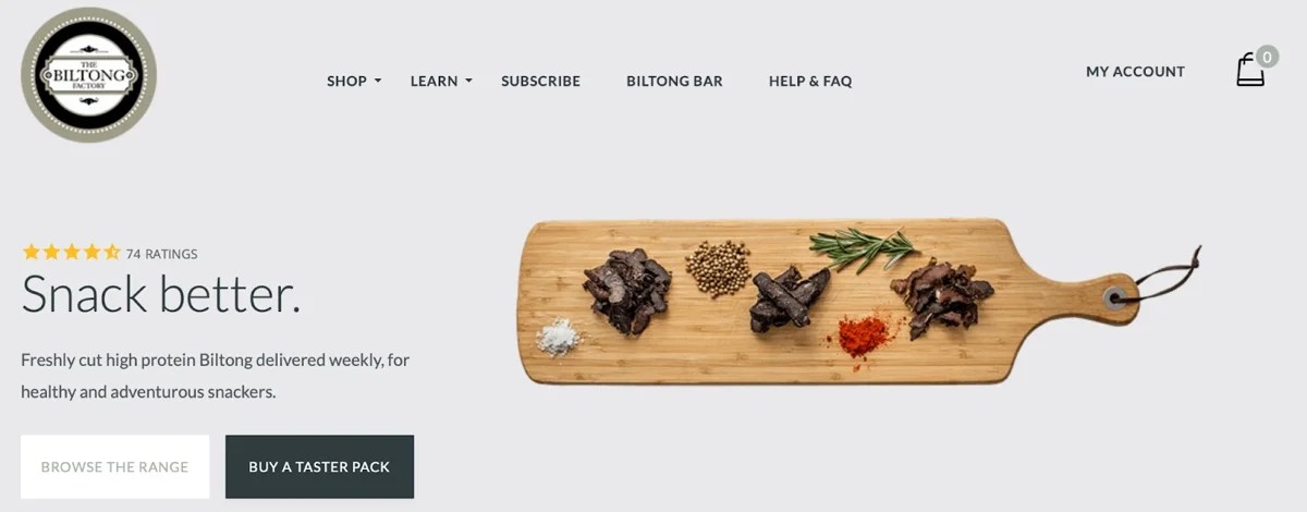 Biltong homepage with subscription options