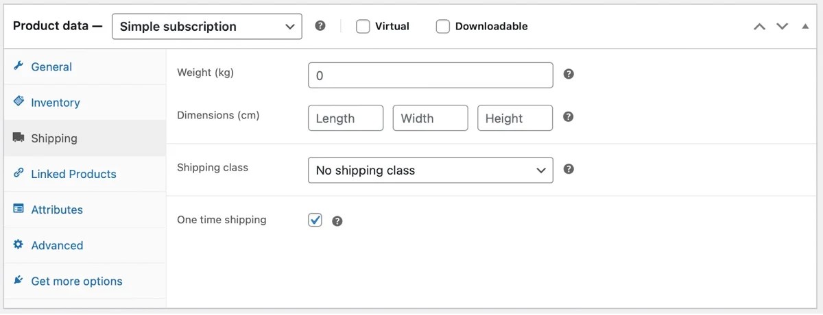 shipping settings for a simple subscription