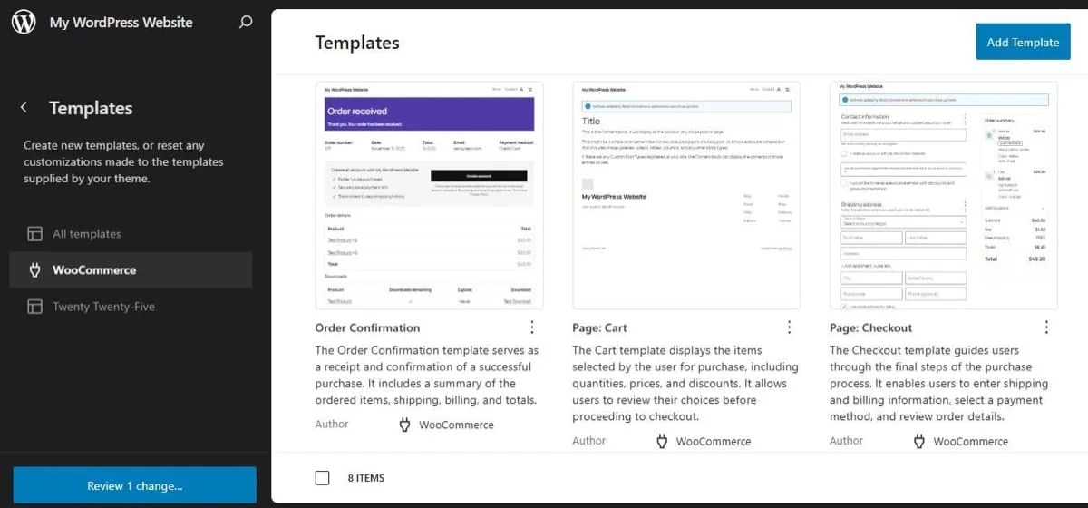 template options inside of WooCommerce and WordPress
