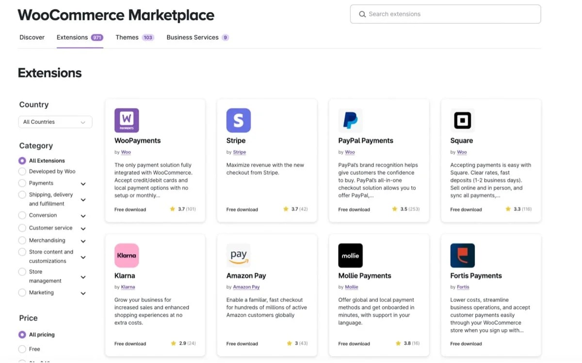 extensions in the WooCommerce marketplace