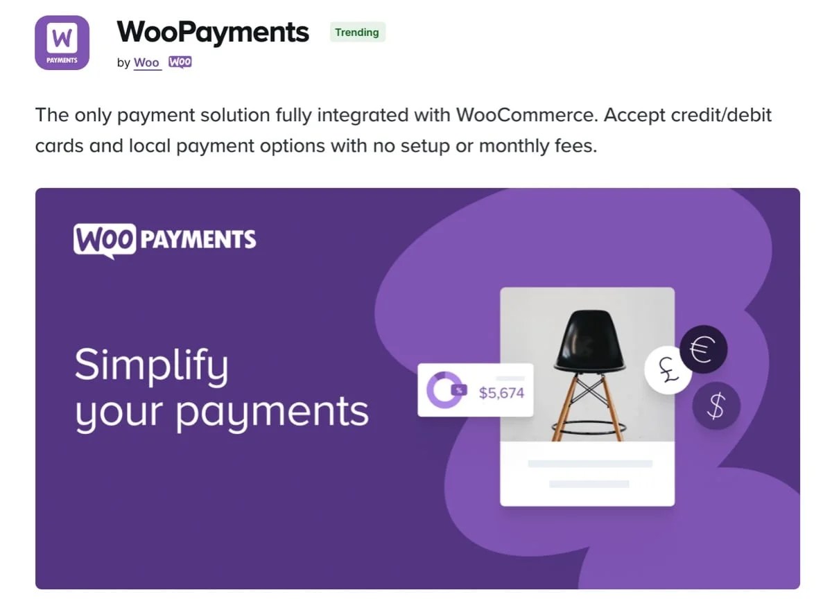 WooPayments page with the text "Simplify your payments"